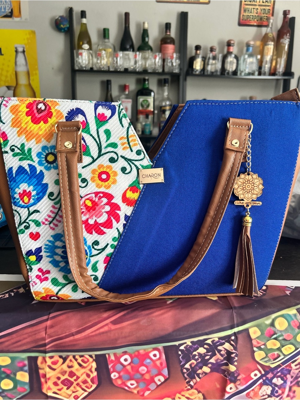 Blue Floral Tote with Tan Straps and Tassel